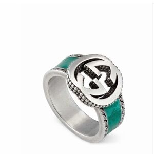 Gucci Interlocking G Silver Green Enamel Ring Size 10